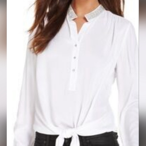 Karen Kane White Tie-Front Blouse 4L28190 Size M Crystal Collar Shine Bright - Picture 1 of 11